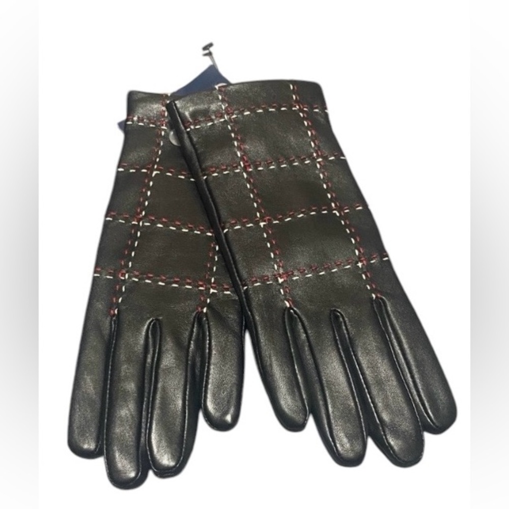 Charter Club Black Leather Gloves with Red Contrast Stitching